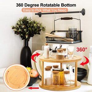 2 Pcs 2 Tier Bamboo Lazy Susan Turntable for Cabinet 360 Degree Spinning Spice Rack Organizer for Cabinet Round Tiered Lazy Susan Organizer Rotating Tray for Kitchen Bathroom Table Storage, 10 Inch