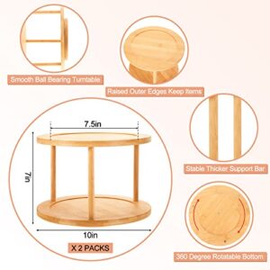 2 Pcs 2 Tier Bamboo Lazy Susan Turntable for Cabinet 360 Degree Spinning Spice Rack Organizer for Cabinet Round Tiered Lazy Susan Organizer Rotating Tray for Kitchen Bathroom Table Storage, 10 Inch