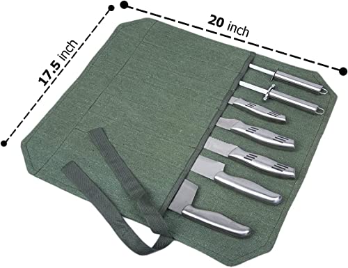 Knife Roll, Chef’s Knife Roll Case, Knife Bag, Portable 7 Slots Knife Cutlery roll Case - Waxed Canvas Knife Holders, Utensils Wrap Bag and Home Kitchen, Best Gift for Pro Chef Roll Bags (Green)