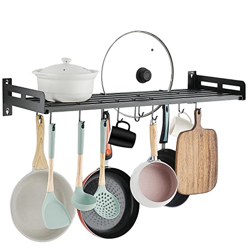 SIMVE Kitchen Hanging Pots and Pans Rack Wall Mounted, 33.3 Inch Metal Shelf with 12 Utensils Hooks, Lids and Dish holder, Modern Steel Storage Hanger for Cookware, Matte Black