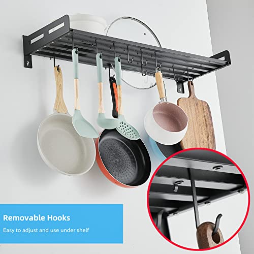 SIMVE Kitchen Hanging Pots and Pans Rack Wall Mounted, 33.3 Inch Metal Shelf with 12 Utensils Hooks, Lids and Dish holder, Modern Steel Storage Hanger for Cookware, Matte Black