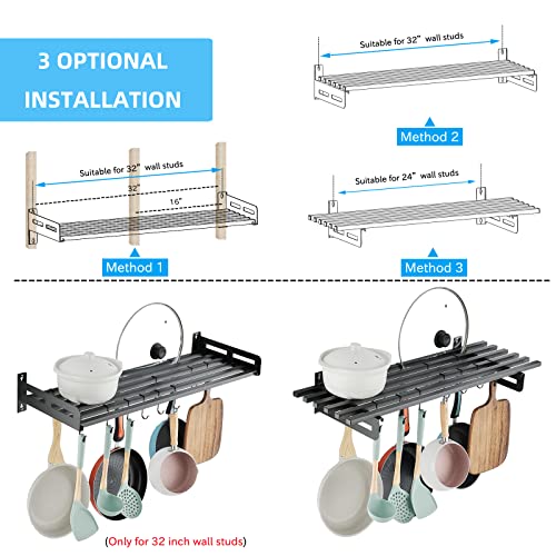 SIMVE Kitchen Hanging Pots and Pans Rack Wall Mounted, 33.3 Inch Metal Shelf with 12 Utensils Hooks, Lids and Dish holder, Modern Steel Storage Hanger for Cookware, Matte Black