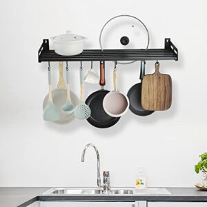 SIMVE Kitchen Hanging Pots and Pans Rack Wall Mounted, 33.3 Inch Metal Shelf with 12 Utensils Hooks, Lids and Dish holder, Modern Steel Storage Hanger for Cookware, Matte Black