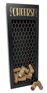 wine cork shadow box with chicken wire featuring cheers artwork – holds over 70 corks – 16″ x 6″ – free stand or wall hanging – wine decor, display case