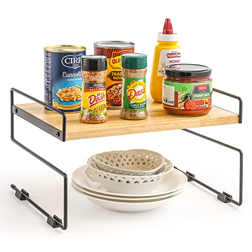 LINOVINO Cabinet Shelf Organizers, Kitchen Counter Organizer Rack Under Shelves Riser, Pantry Cupboard Storage Organization with Metal and Wood Combined, Black and Natural