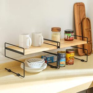 LINOVINO Cabinet Shelf Organizers, Kitchen Counter Organizer Rack Under Shelves Riser, Pantry Cupboard Storage Organization with Metal and Wood Combined, Black and Natural