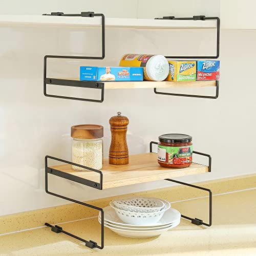 LINOVINO Cabinet Shelf Organizers, Kitchen Counter Organizer Rack Under Shelves Riser, Pantry Cupboard Storage Organization with Metal and Wood Combined, Black and Natural