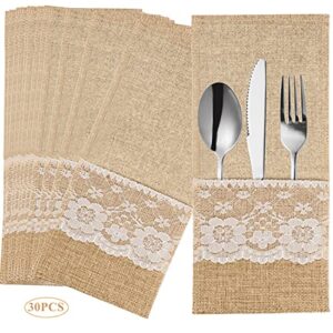gbateri 30 pack natural burlap cutlery pouch,burlap silverware holders silverware bags, hessian burlap lace utensil napkin holders, knifes forks bag with cotton inner for vintage wedding christmas