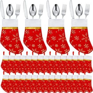 30 pcs christmas dinner table decorations snowflake stocking silverware holder mini xmas socks plaid tableware holder christmas spoon knife fork bag for xmas dinnerware decorations (embroidery style)