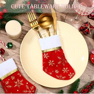 30 Pcs Christmas Dinner Table Decorations Snowflake Stocking Silverware Holder Mini Xmas Socks Plaid Tableware Holder Christmas Spoon Knife Fork Bag for Xmas Dinnerware Decorations (Embroidery Style)