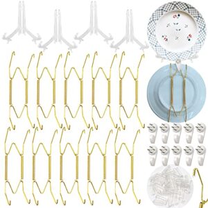 daily treasures 10pcs plate hangers, 6 inch wall plate hangers with 40pcs tip protectors, 10pcs wall hooks & 4pcs plastic easel stands-invisible wire plate hanger holders for decorative plates and art