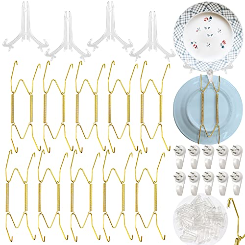 Daily Treasures 10Pcs Plate Hangers, 6 Inch Wall Plate Hangers with 40Pcs Tip Protectors, 10Pcs Wall Hooks & 4Pcs Plastic Easel Stands-Invisible Wire Plate Hanger Holders for Decorative Plates and Art