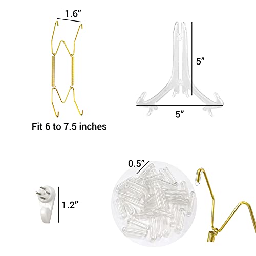 Daily Treasures 10Pcs Plate Hangers, 6 Inch Wall Plate Hangers with 40Pcs Tip Protectors, 10Pcs Wall Hooks & 4Pcs Plastic Easel Stands-Invisible Wire Plate Hanger Holders for Decorative Plates and Art