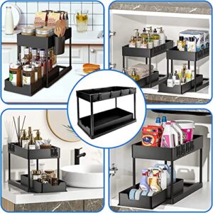 Under Sink Organizers and Storage, Under Sink Storage, 2 Tier Under bathroom Sink Organizer, Sliding Drawer Under Sink Storage for Kitchen with 4 Hooks & 1 Hanging Cup,Multi-purpose Organizer（Black）