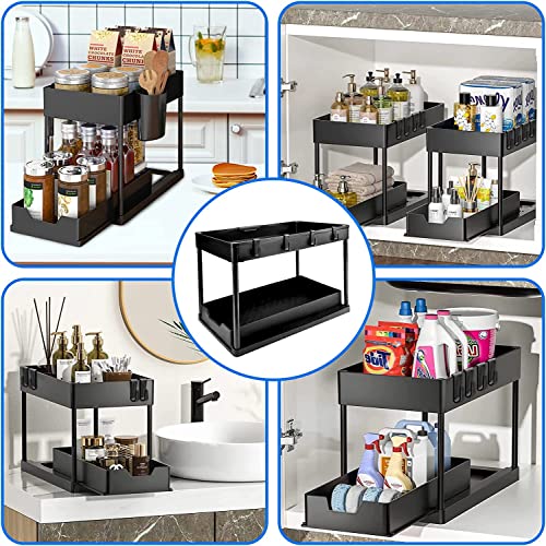 Under Sink Organizers and Storage, Under Sink Storage, 2 Tier Under bathroom Sink Organizer, Sliding Drawer Under Sink Storage for Kitchen with 4 Hooks & 1 Hanging Cup,Multi-purpose Organizer（Black）