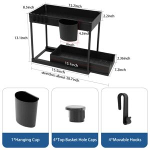 Under Sink Organizers and Storage, Under Sink Storage, 2 Tier Under bathroom Sink Organizer, Sliding Drawer Under Sink Storage for Kitchen with 4 Hooks & 1 Hanging Cup,Multi-purpose Organizer（Black）