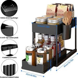 Under Sink Organizers and Storage, Under Sink Storage, 2 Tier Under bathroom Sink Organizer, Sliding Drawer Under Sink Storage for Kitchen with 4 Hooks & 1 Hanging Cup,Multi-purpose Organizer（Black）