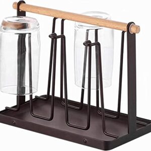 PENGQIMM 6 Cups Mug Glass Stand Holder Metal,Cup Drying Rack Stand with Drain Tray,Cup Hanging Drainer Upside-Down,Metal Bottle Drying Organizer with Handle Cup Drying Holder Stand,Bottle Drying Rack