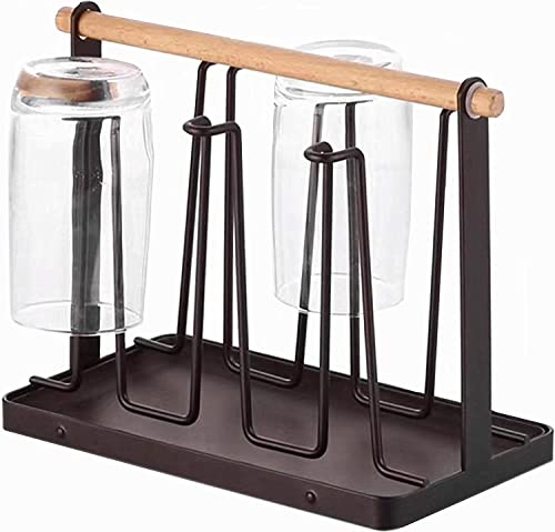 PENGQIMM 6 Cups Mug Glass Stand Holder Metal,Cup Drying Rack Stand with Drain Tray,Cup Hanging Drainer Upside-Down,Metal Bottle Drying Organizer with Handle Cup Drying Holder Stand,Bottle Drying Rack