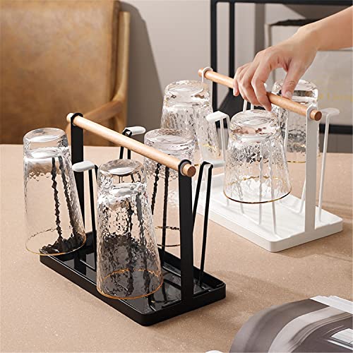 PENGQIMM 6 Cups Mug Glass Stand Holder Metal,Cup Drying Rack Stand with Drain Tray,Cup Hanging Drainer Upside-Down,Metal Bottle Drying Organizer with Handle Cup Drying Holder Stand,Bottle Drying Rack