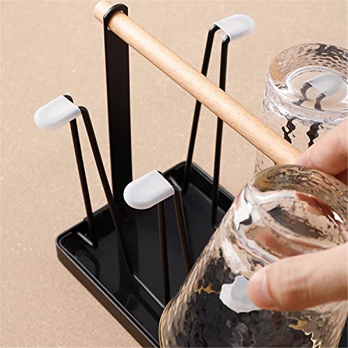 PENGQIMM 6 Cups Mug Glass Stand Holder Metal,Cup Drying Rack Stand with Drain Tray,Cup Hanging Drainer Upside-Down,Metal Bottle Drying Organizer with Handle Cup Drying Holder Stand,Bottle Drying Rack