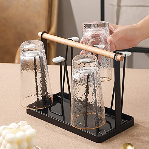 PENGQIMM 6 Cups Mug Glass Stand Holder Metal,Cup Drying Rack Stand with Drain Tray,Cup Hanging Drainer Upside-Down,Metal Bottle Drying Organizer with Handle Cup Drying Holder Stand,Bottle Drying Rack