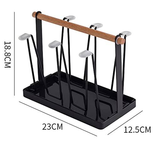 PENGQIMM 6 Cups Mug Glass Stand Holder Metal,Cup Drying Rack Stand with Drain Tray,Cup Hanging Drainer Upside-Down,Metal Bottle Drying Organizer with Handle Cup Drying Holder Stand,Bottle Drying Rack