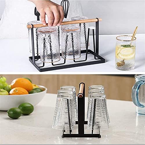 PENGQIMM 6 Cups Mug Glass Stand Holder Metal,Cup Drying Rack Stand with Drain Tray,Cup Hanging Drainer Upside-Down,Metal Bottle Drying Organizer with Handle Cup Drying Holder Stand,Bottle Drying Rack