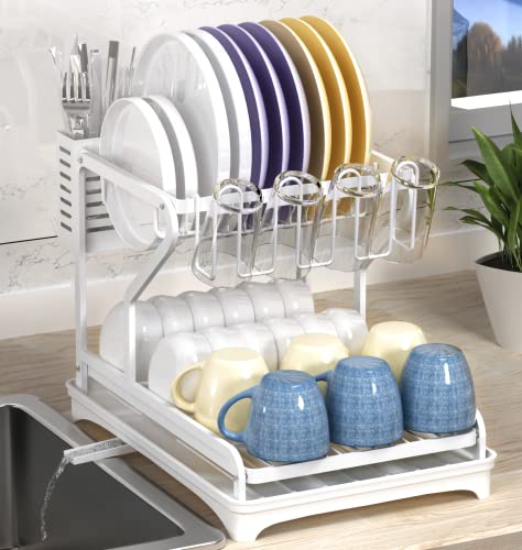 KUFA Dish Drying Rack for Kitchen Counter Kitchen Utensil Storage Organizer Holder Stainless Steel White Paint Counter Drainer Shelf Drainboard Dish Drying Mat Small Dryer Rack for Silverware