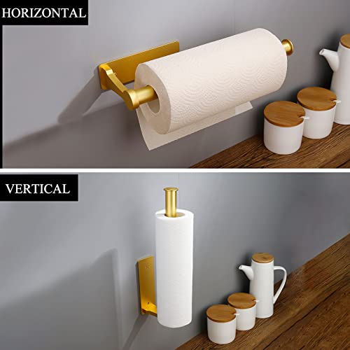 Paper Towel Holder Wall Mount，Aluminum Alloy Paper Towel Holder Sturdy and Durable ,Paper Towel Holder Under Cabinet ,Vertically or Horizontally Mount Both Available in Adhesive and Screws（Gold）