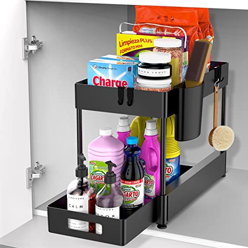 Under Sink Organizers and Storage, 2 Tier Bathroom Organizer Rack with Sliding Drawer, Hooks, Hanging Cup, Multi-purpose Bath Collection Baskets Storage Shelf for Bathroom Kitchen Countertop Cabinet