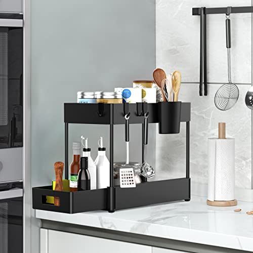 Under Sink Organizers and Storage, 2 Tier Bathroom Organizer Rack with Sliding Drawer, Hooks, Hanging Cup, Multi-purpose Bath Collection Baskets Storage Shelf for Bathroom Kitchen Countertop Cabinet