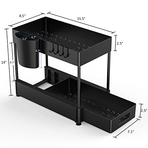 Under Sink Organizers and Storage, 2 Tier Bathroom Organizer Rack with Sliding Drawer, Hooks, Hanging Cup, Multi-purpose Bath Collection Baskets Storage Shelf for Bathroom Kitchen Countertop Cabinet