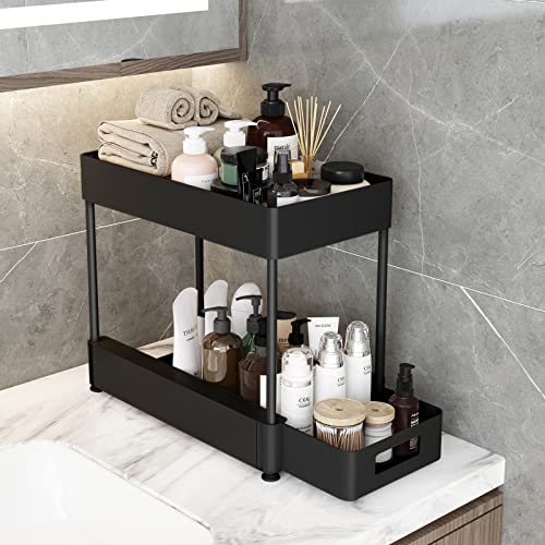 Under Sink Organizers and Storage, 2 Tier Bathroom Organizer Rack with Sliding Drawer, Hooks, Hanging Cup, Multi-purpose Bath Collection Baskets Storage Shelf for Bathroom Kitchen Countertop Cabinet