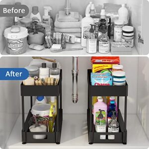 Under Sink Organizers and Storage, 2 Tier Bathroom Organizer Rack with Sliding Drawer, Hooks, Hanging Cup, Multi-purpose Bath Collection Baskets Storage Shelf for Bathroom Kitchen Countertop Cabinet