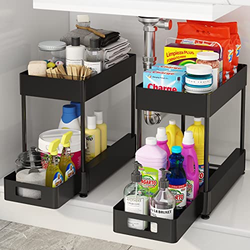 Under Sink Organizers and Storage, 2 Tier Bathroom Organizer Rack with Sliding Drawer, Hooks, Hanging Cup, Multi-purpose Bath Collection Baskets Storage Shelf for Bathroom Kitchen Countertop Cabinet