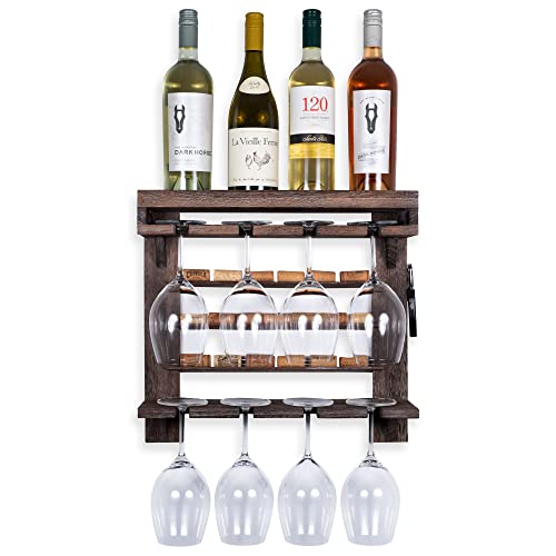 Rustic State Veneto Wall Mount Wood Wine Bottle Rack and Stemware Glassware Organizer Shelf Cork Storage - Magnetic Corkscrew Holder for Champagne, Red & White Wine - Home, Kitchen, Bar Décor