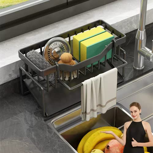 DMJWAN Kitchen Sink Caddy Organizer, 304 Stainless Steel Sponge Holder Sink Caddy with Auto Drain Tray, Holds Sponge, Dish Soap Dispenser, Cleaning Towel, Scrubber, and Utensils