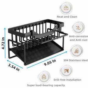 DMJWAN Kitchen Sink Caddy Organizer, 304 Stainless Steel Sponge Holder Sink Caddy with Auto Drain Tray, Holds Sponge, Dish Soap Dispenser, Cleaning Towel, Scrubber, and Utensils