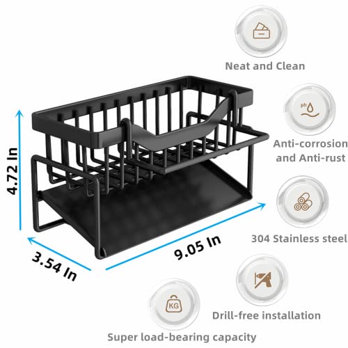 DMJWAN Kitchen Sink Caddy Organizer, 304 Stainless Steel Sponge Holder Sink Caddy with Auto Drain Tray, Holds Sponge, Dish Soap Dispenser, Cleaning Towel, Scrubber, and Utensils