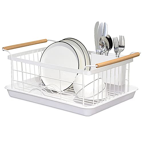 BRIAN & DANY Kitchen Dish Drainer, Large Drying Rack with Full-Mesh Storage Basket, Wooden Handle, Removable Plastic Cutlery Tray, 18.8" x 11.6" x 7.6"