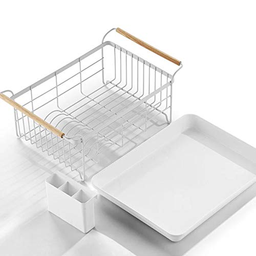 BRIAN & DANY Kitchen Dish Drainer, Large Drying Rack with Full-Mesh Storage Basket, Wooden Handle, Removable Plastic Cutlery Tray, 18.8" x 11.6" x 7.6"