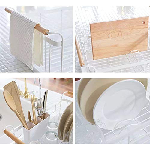 BRIAN & DANY Kitchen Dish Drainer, Large Drying Rack with Full-Mesh Storage Basket, Wooden Handle, Removable Plastic Cutlery Tray, 18.8" x 11.6" x 7.6"