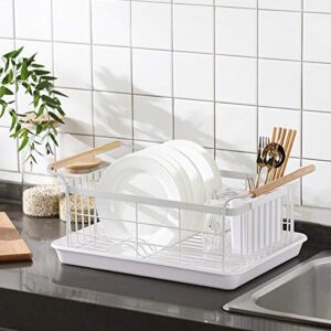 BRIAN & DANY Kitchen Dish Drainer, Large Drying Rack with Full-Mesh Storage Basket, Wooden Handle, Removable Plastic Cutlery Tray, 18.8" x 11.6" x 7.6"