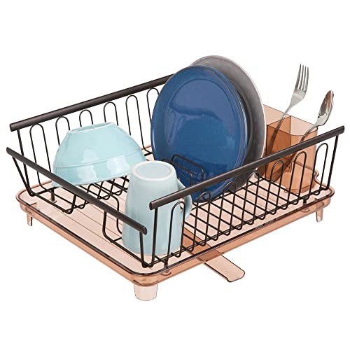 mDesign Large Modern Kitchen Countertop, Sink Dish Drying Rack - Removable Cutlery Tray and Drainboard with Adjustable Swivel Spout - 3 Pieces, Bronze/Brown Cutlery Caddy and Drainboard