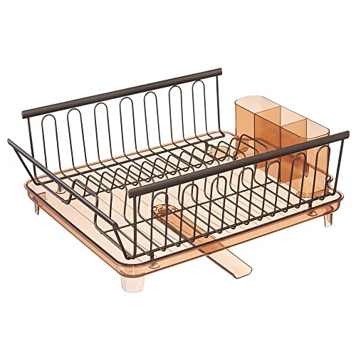 mDesign Large Modern Kitchen Countertop, Sink Dish Drying Rack - Removable Cutlery Tray and Drainboard with Adjustable Swivel Spout - 3 Pieces, Bronze/Brown Cutlery Caddy and Drainboard