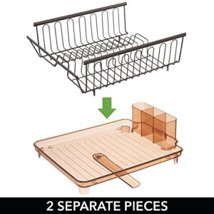 mDesign Large Modern Kitchen Countertop, Sink Dish Drying Rack - Removable Cutlery Tray and Drainboard with Adjustable Swivel Spout - 3 Pieces, Bronze/Brown Cutlery Caddy and Drainboard