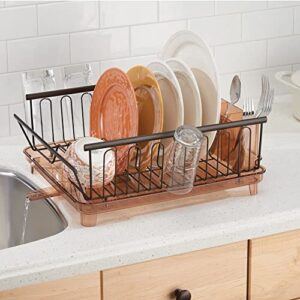 mDesign Large Modern Kitchen Countertop, Sink Dish Drying Rack - Removable Cutlery Tray and Drainboard with Adjustable Swivel Spout - 3 Pieces, Bronze/Brown Cutlery Caddy and Drainboard