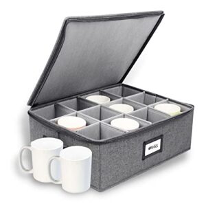 Homelux Theory Mug Storage Box with Dividers | 16"x12.5"x6" ULTRA THICK HARDSHELL ALL SURFACES & COVER | Cup Storage| Stackable storage with 12 compartments | Cup Storage Organizer with handles
