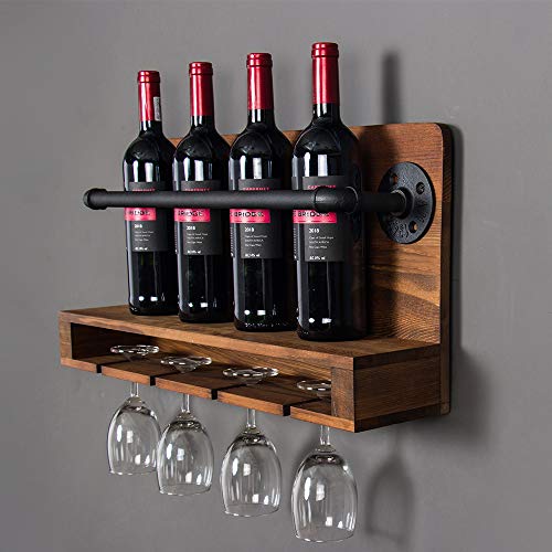 KINMADE Industrial Wine Racks Wall Mounted with Stem Glass Holder,Metal Hanging Wine Holder Wine Accessories